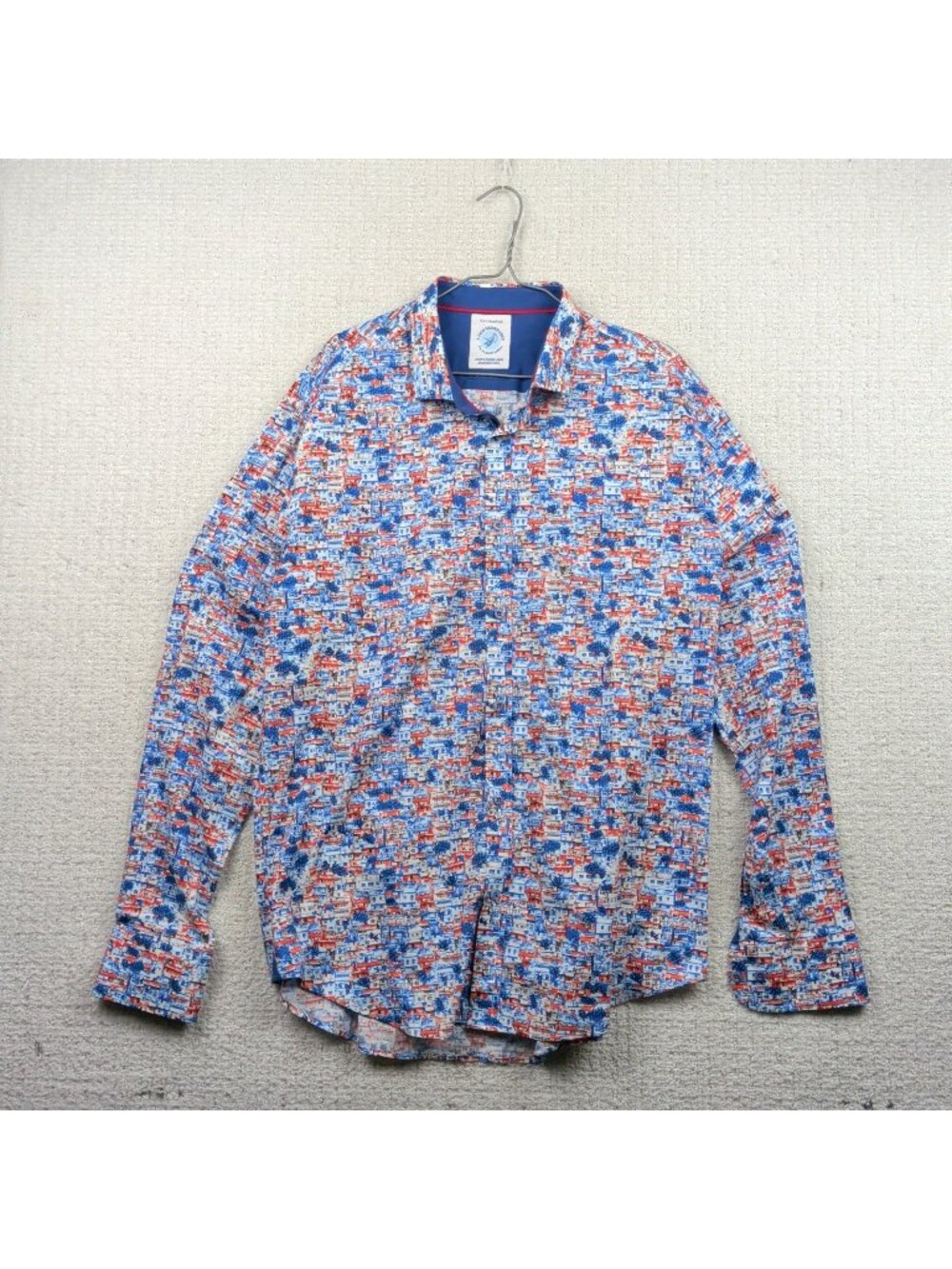 A Fish Named Fred Got Hooked Button Up Stretch Shirt Men Sz XL Coastal City AOP